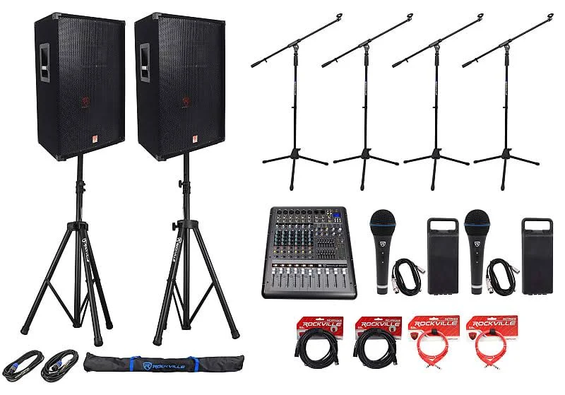 2) Rockville Rsg15 15” 3-Way DJ PA Speakers+Powered Mixer+Mics+Stands+Cables