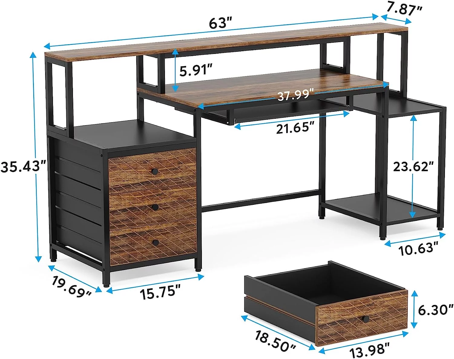 Tribesigns Computer Desk with 3 Drawers, Industrial 63 inches Home Office Desk with Monitor Shelf, Vintage Brown