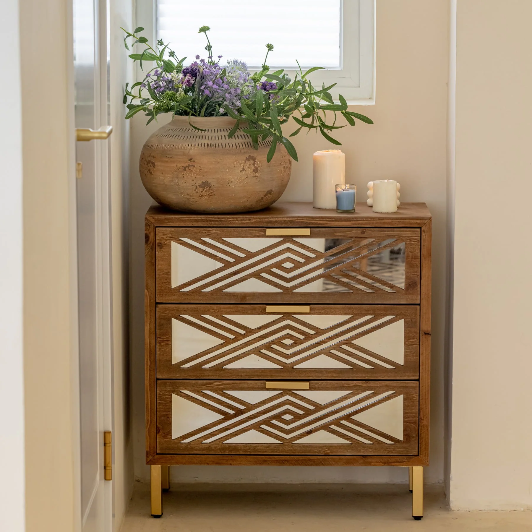 COZAYH  2-Door Accent Cabinet Modern Mirror Fronts Clean-Lined Silhouette, Natural