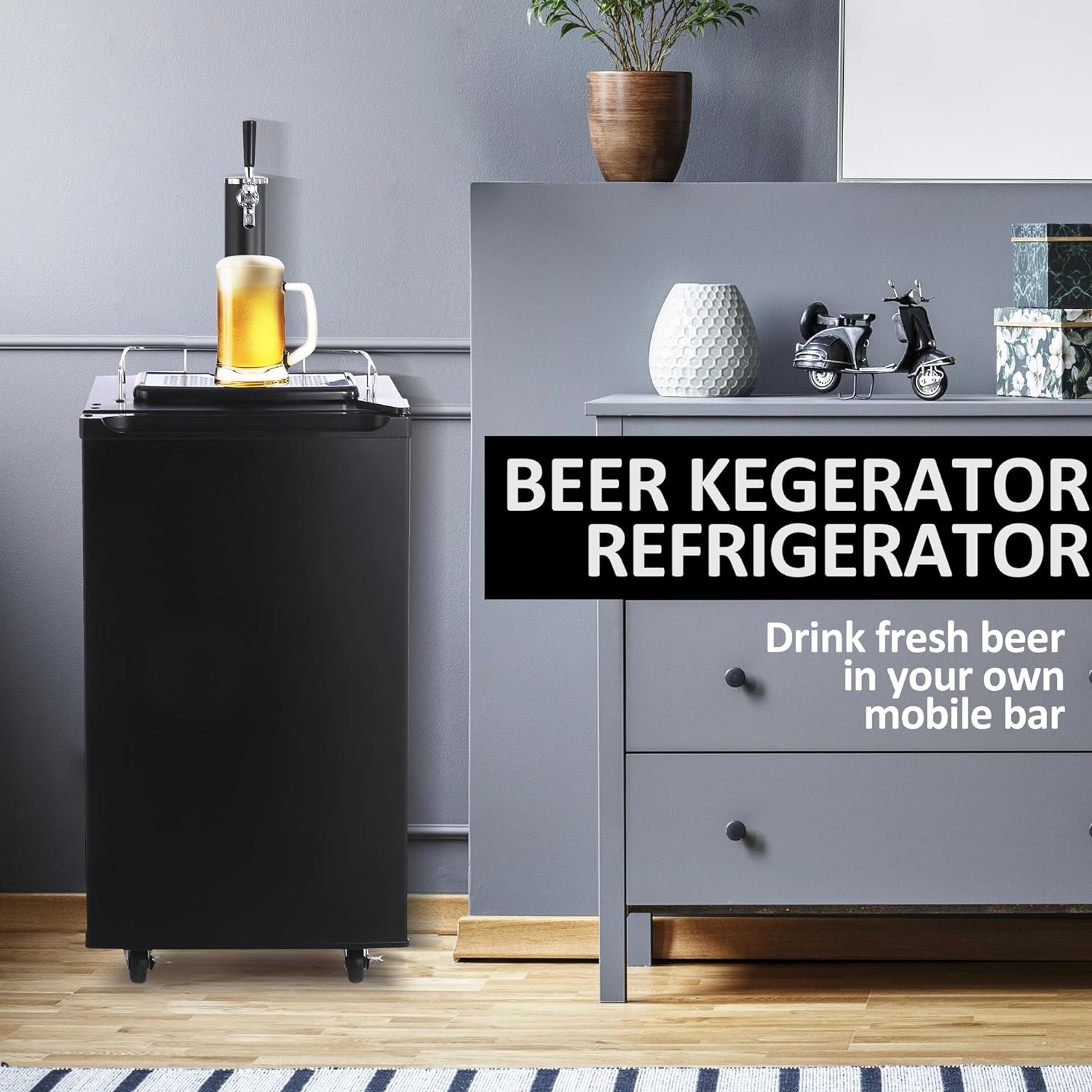 Kegerator and Keg Beer Cooler, Single Faucet Draft Beer Dispenser, Full Size Keg Refrigerator With Shelves, Stainless Steel, Drip Tray & Rail