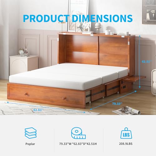 Mjkone Murphy Bed Cabinet, Murphy Bed with Large Storage Drawers，Murphy Bed Queen with Built-in Charging Station, Chest Bed with Mattress