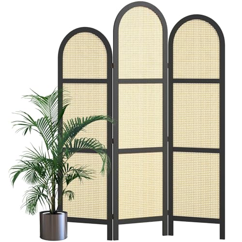 Room Divider and Folding Privacy Screens, Pine Wood 5.6 Ft Double Hinged Rattan Partition Freestanding Wall Room Divider for Home - 3 Panels