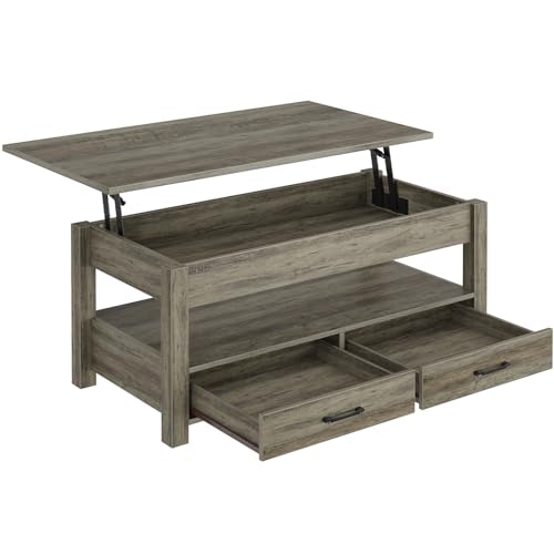 Rolanstar Coffee Table, Lift Top Coffee Table with Drawers and Hidden Compartment, Retro Central Table with Wooden Lift Tabletop, for Living Room