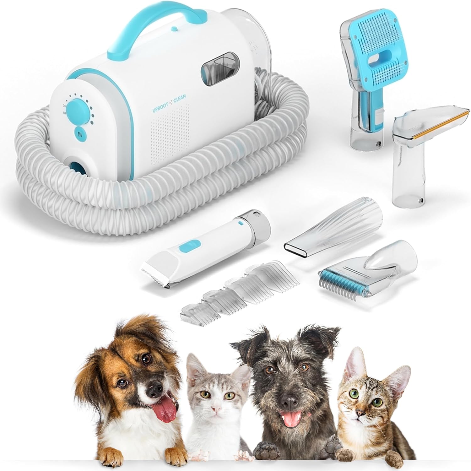 Uproot Clean Pet Grooming Vacuum Kit 7 in 1 - Cat & Dog Hair Vacuum Groomer with Brush, Detangle, Deshed, Trim, Clean, & Dry Attachments
