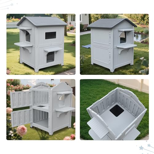 Plastic Outdoor Cat House with Mat Weatherproof for Feral Cat, 2 Story Insulated Elevated Cat Shelter with Escape Door, Easy Assemble