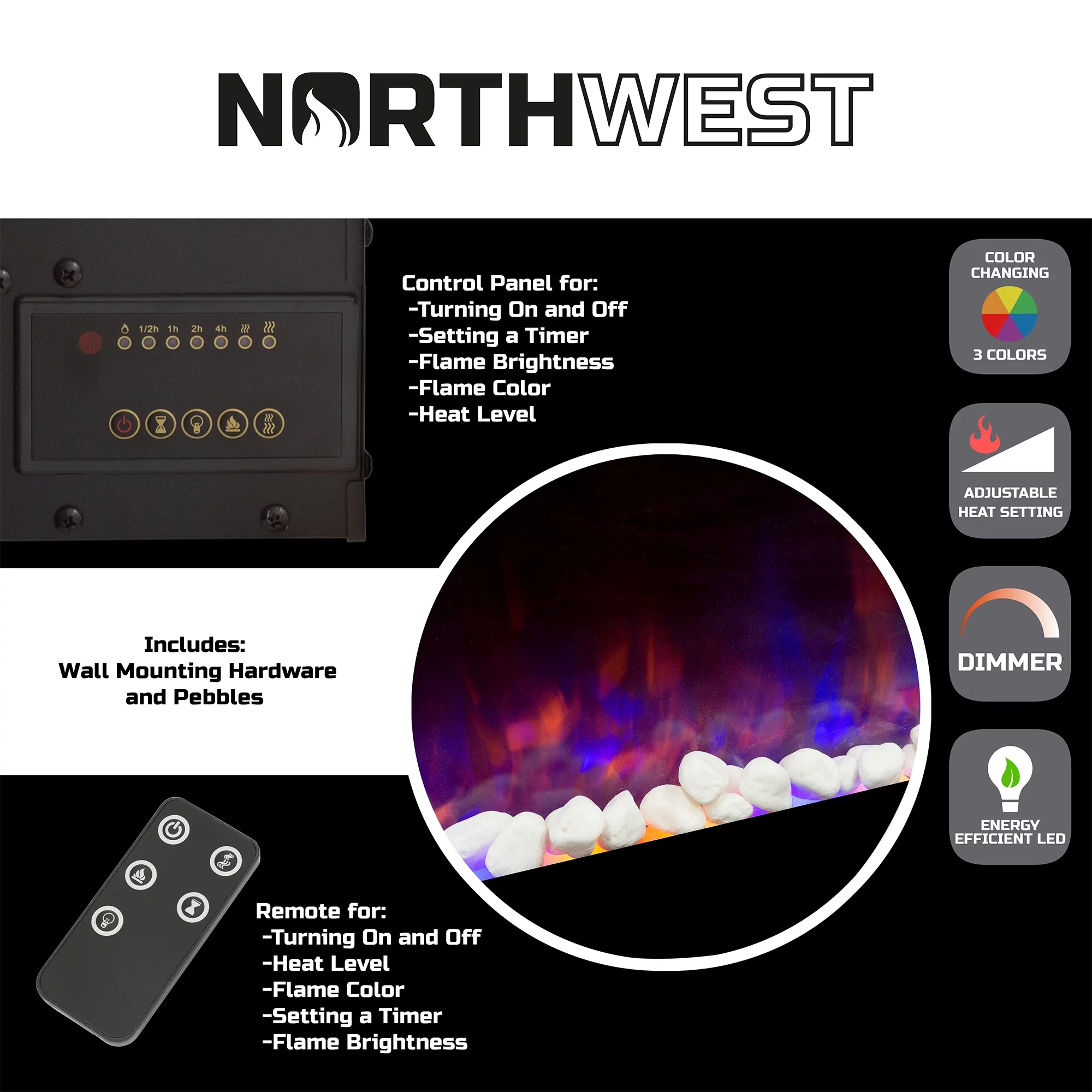 Northwest 36-inch Modern Wall-Mount Electric Fireplace with Remote (Black)