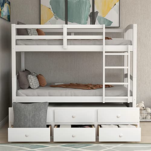 Harper & Bright Designs Twin Over Twin Bunk Bed with Trundle, Wooden Bunk Bed with 3 Storage Drawers and Safety Rail, Can be Convertible to 2 Beds