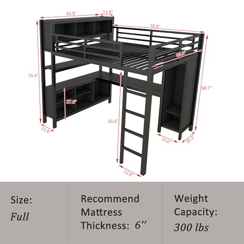 Linique Metal Loft Bed with Wardrobe & L-Shaped Desk - Sturdy Space-Saving Loft Bed Includes Storage Cubes, Shelves for Kids, Teens, Adults (White