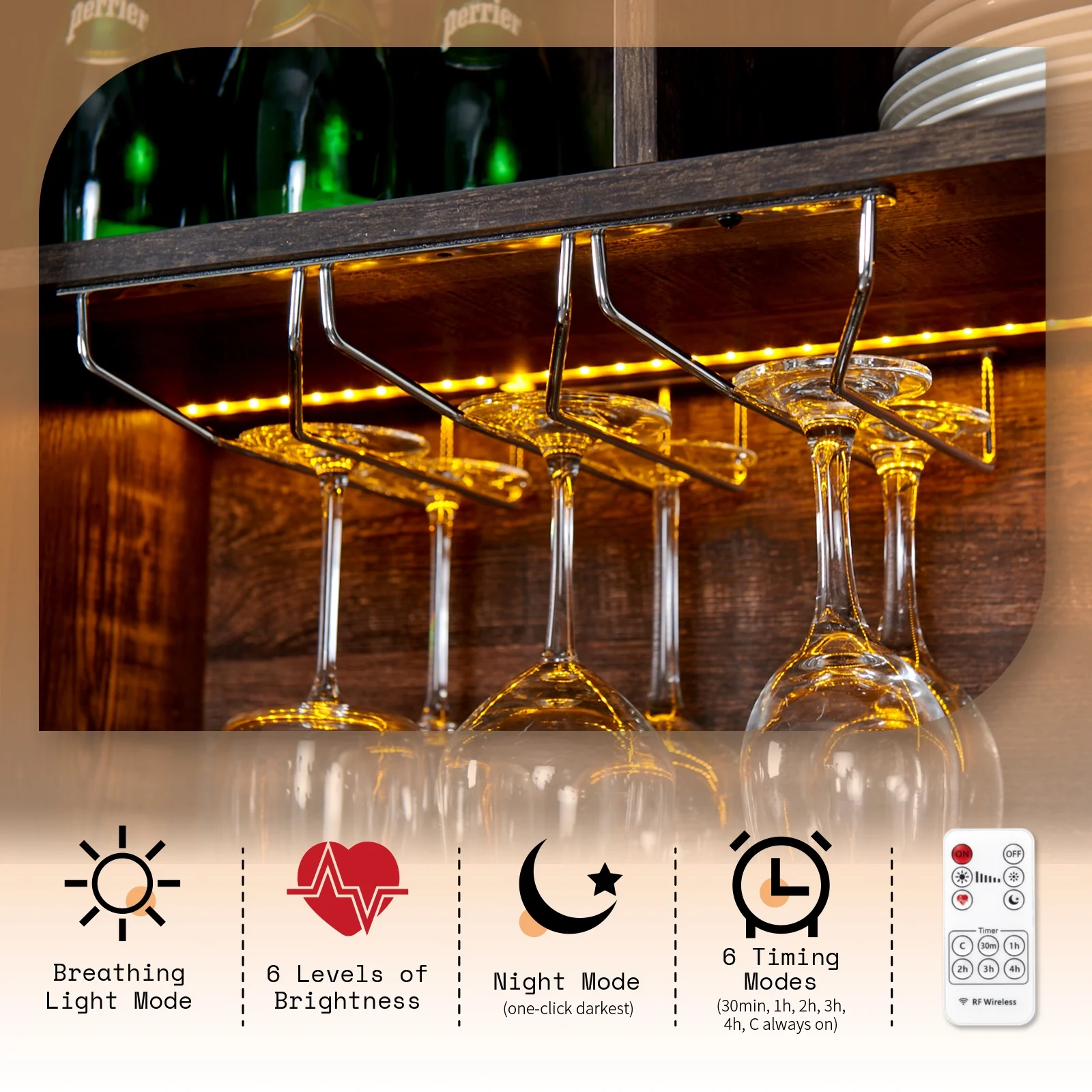 Amerlife Farmhouse Kitchen Cabinet Coffee Display Bar with LED Lights, Dark Rustic Oak