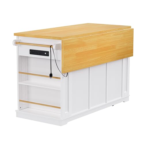 Farmhouse Kitchen Island with Power Outlet, Drop Leaf, Spice Rack and Drawer,Rolling Kitchen Cart on Wheels