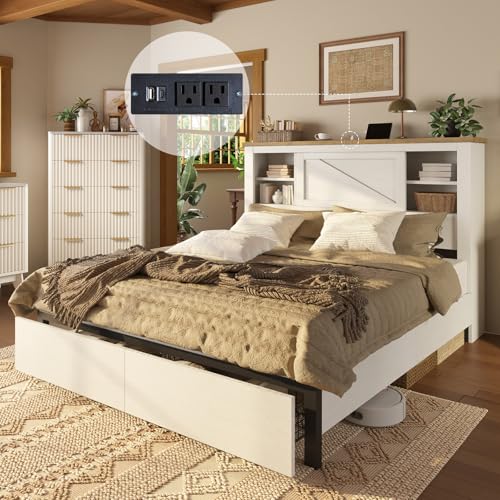 AMERLIFE 47.2" H King Bed Frame with Hidden Space Bookcase Headboard and Charging Station, Beds with 2 Storage Drawers and Wood Slats
