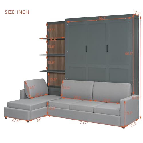 HABITRIO Queen Size Murphy Bed, Wooden Queen Murphy Bed Frame with Shelves, Wall Bed with L-Shape Sofa, Gray