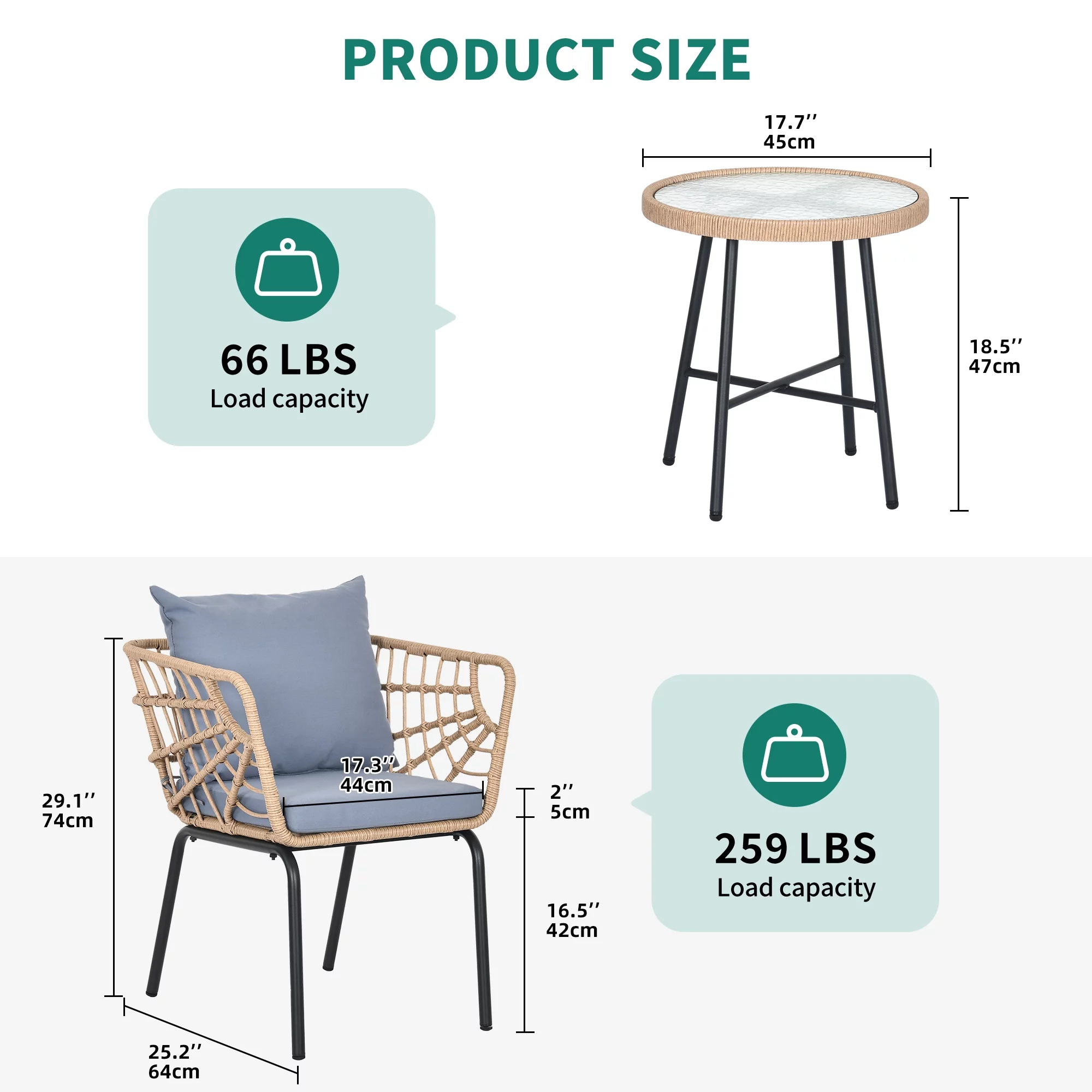 Dextrus 3-Piece Outdoor Patio Furniture Wicker Bistro Set, With 2 Chairs and Coffee Table,Cushions and Lumbar Pillows-Gray