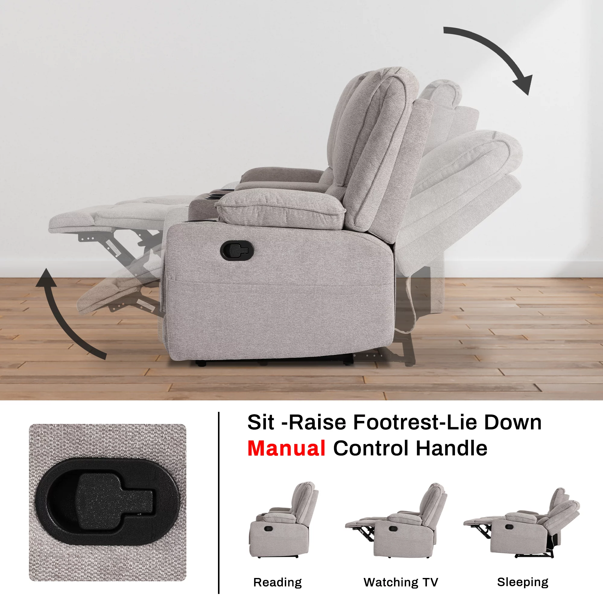 Reclining Sofa, 2 seater Manual Recliner Sofa with Cup Holders,  Central Console Manual Reclining Loveseat for Living Room ,Home Theather Light Gray