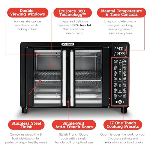 Gourmia Toaster Oven Air Fryer Combo 17 cooking presets 1700W french door digital air fryer oven 24L capacity accessories, convection rack