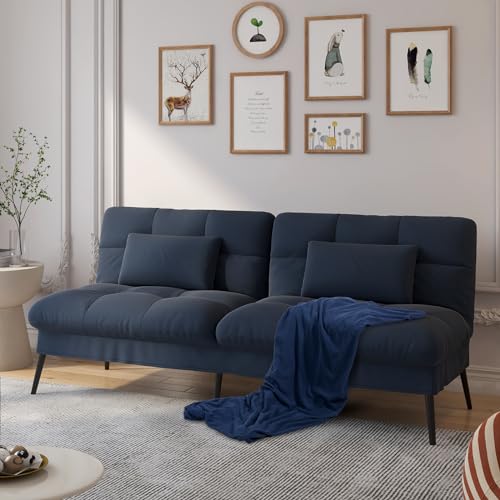 COMHOMA Convertible Futon Sofa Bed, 68″Fabric Futon Couch with Adjustable Backrest, Folding Futon Sleeper Recliner for Living Room Furniture (Black)