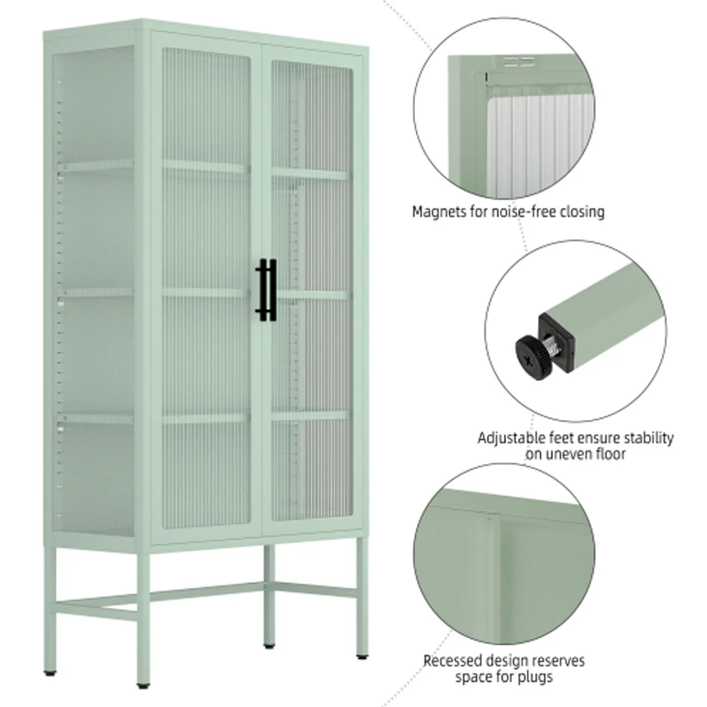 Double Glass Door Storage Cabinet with Adjustable Shelves and Feet Cold-Rolled Steel Sideboard Furniture, Mint green - Radiant Selections