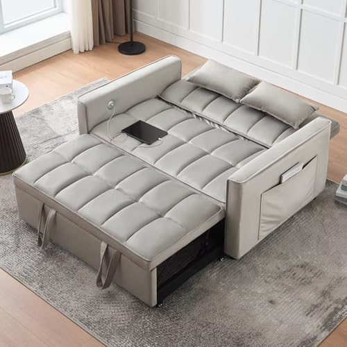 Modern 3 in 1 Convertible Sleeper Sofa Couch Bed with USB, Adjustable Backrest Velvet Pull Out Sofa Bed, Loveseat Sleeper Couch