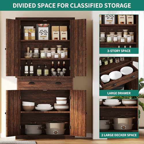 YITAHOME 72'' Tall Kitchen Pantry Cabinets, Farmhouse Storage Cabinets with Barn Doors, Drawer ＆ Adjustable Shelves