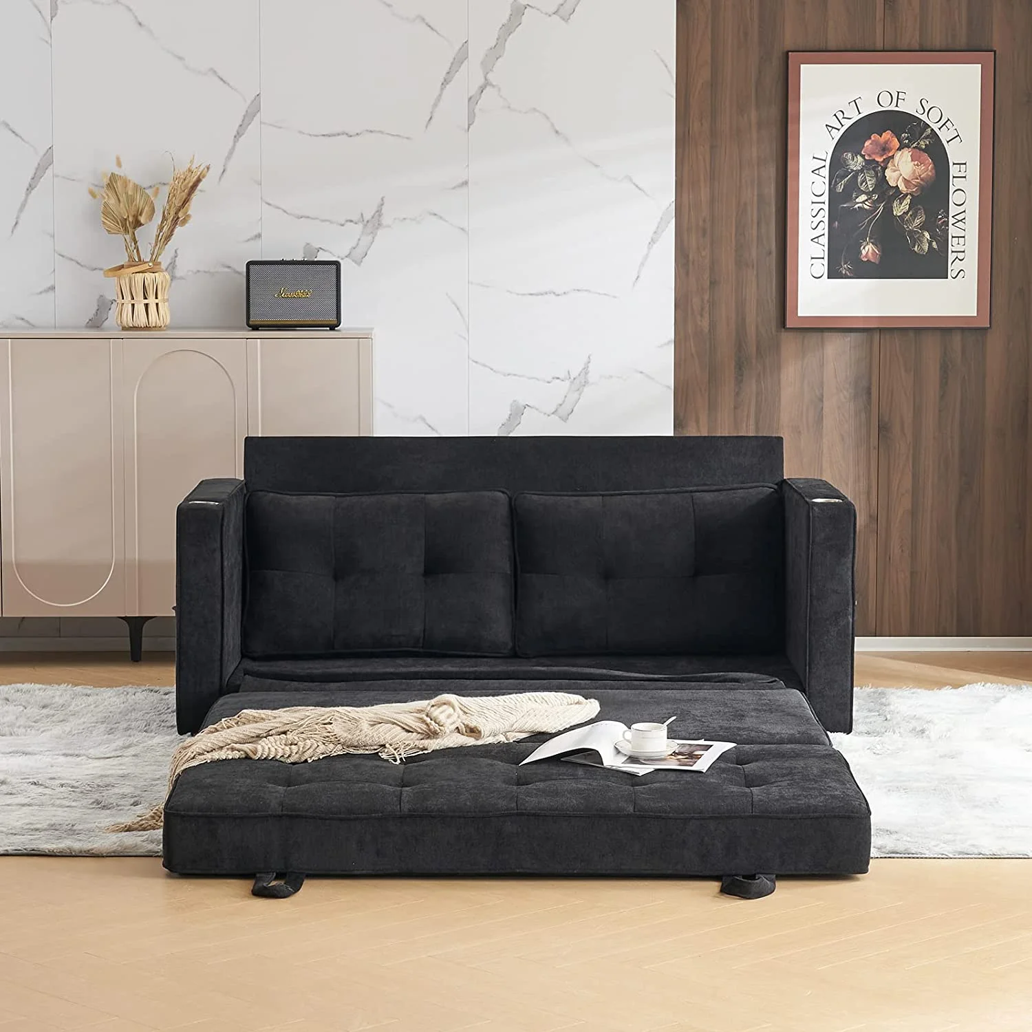 VINGLI Upgraded 64" W 84" L Full Size Futon Sofa Bed, 6" Thick Upholstery Chenille Loveseat Sofa Sleeper Pull Out Couch