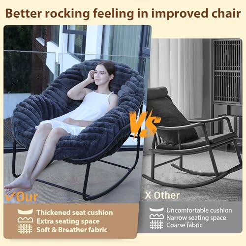 Outdoor Indoor Rocking Chair, Patio Wicker Egg Chair, Indoor & Outdoor Comfy Oversized Papasan Chair with Padded Cushion