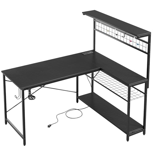Bestier 42 L Gaming Desk,Computer Desk with Power Outlets, LED Lights, Reversible Corner Desk with 4-Tier Shelves,Cup Holder & Hook Carbon Fiber Black