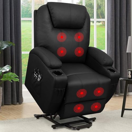 Flamaker Power Lift Recliner Chair PU Leather with Massage for Elderly Ergonomic Lounge Chair Classic Single Sofa with 2 Cup Holders Side Pockets