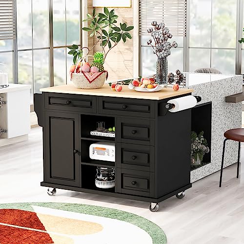 53.5''Farmhouse Kitchen Island with Power Outlet, Kitchen Storage Island with Drop Leaf, Spice Rack and Drawer, Rolling Kitchen Cart on Wheels