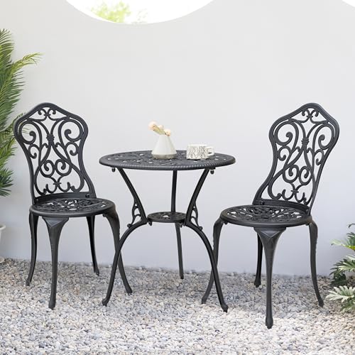 NUU GARDEN 3 Piece Bistro Set Outdoor, All Weather Cast Aluminum Patio Bistro Sets Patio Table and Chairs Set of 2 with Umbrella Hole for Yard