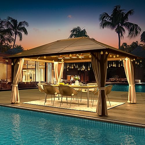 YOLENY 10'x13' Hardtop Gazebo, Outdoor Polycarbonate Double Roof Canopy, Aluminum Frame Permanent Pavilion with Curtains and Netting