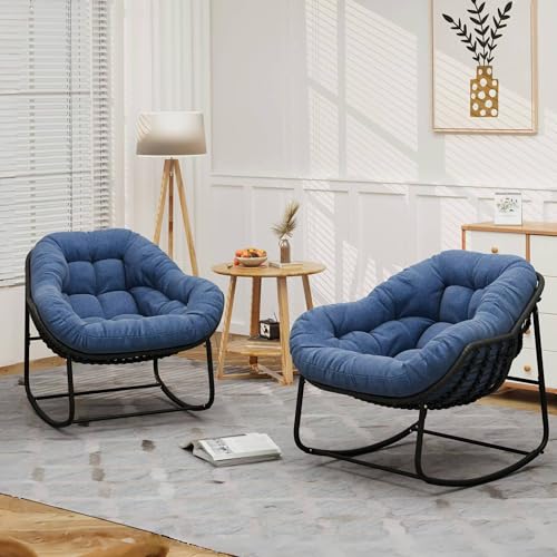 Outdoor Indoor Rocking Chair, Patio Wicker Egg Chair, Indoor & Outdoor Comfy Oversized Papasan Chair with Padded Cushion