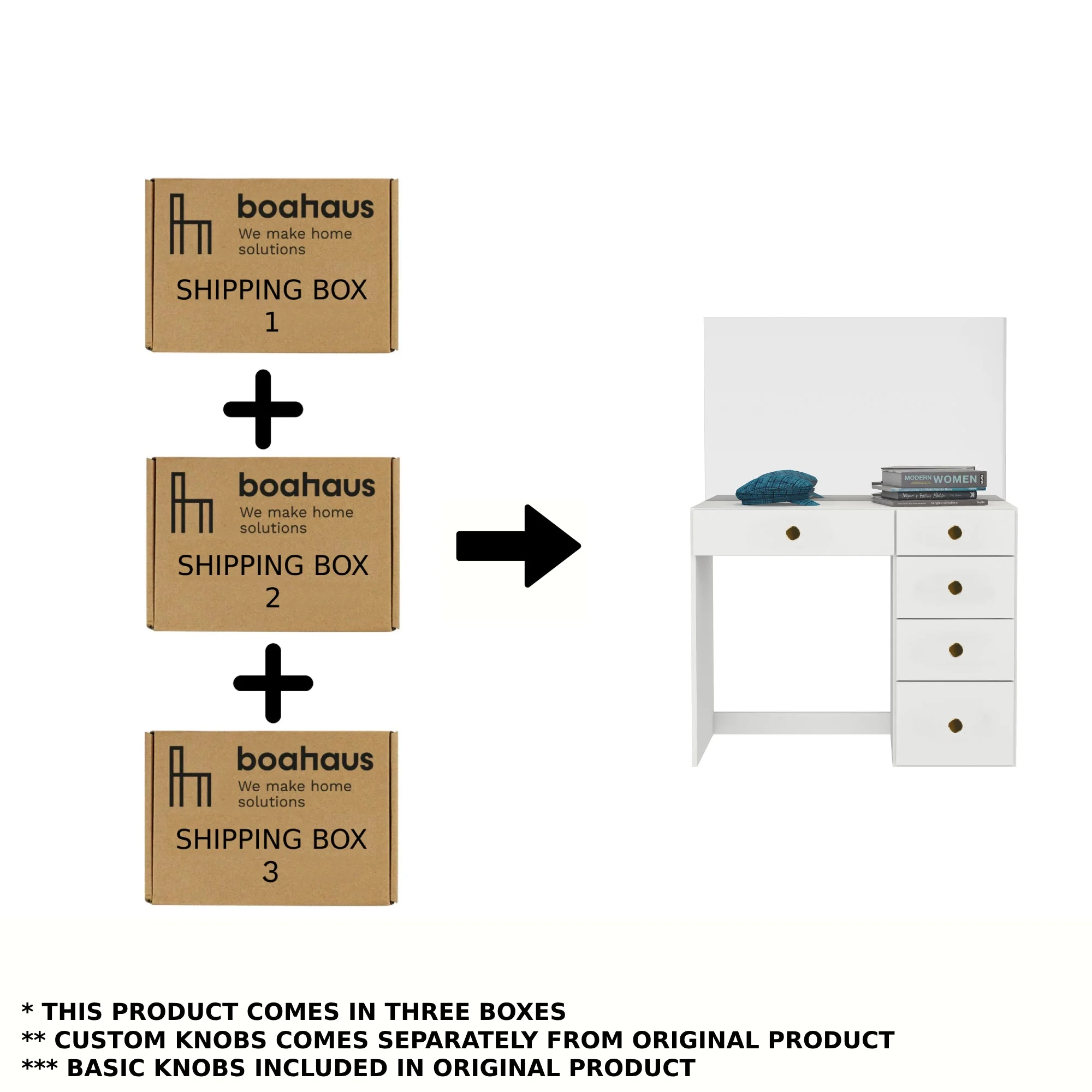 Boahaus Matilda Vanity Makeup Table with Mirror, Manufactured Wood, Golden Knobs, White