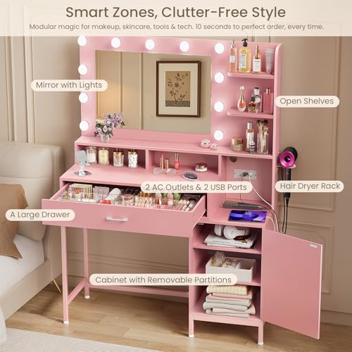 Vanity Desk with Mirror and Lights, Makeup Vanity with Storage Drawer, Power Outlet and Large Cabinet for Bedroom - White