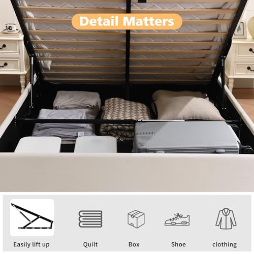 VELOCAVA Queen Size Lift Up Storage Bed with Modern Wingback Headboard, Upholstered Platform Bed with Fabric with Hydraulic Support Bars