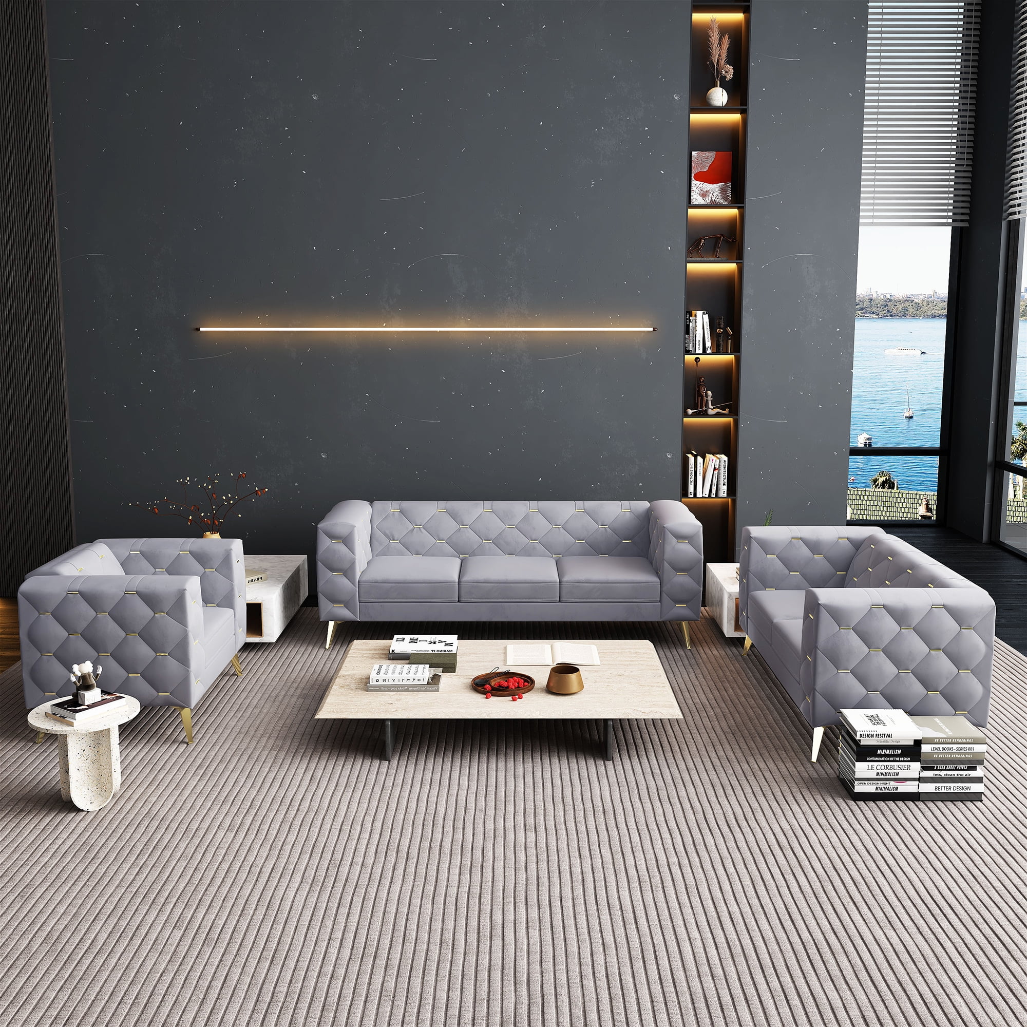 Giratree Living Room Furniture Sets, 3 Piece Mid Century Modern Velvet Upholstered Living Room Sofa, Gray