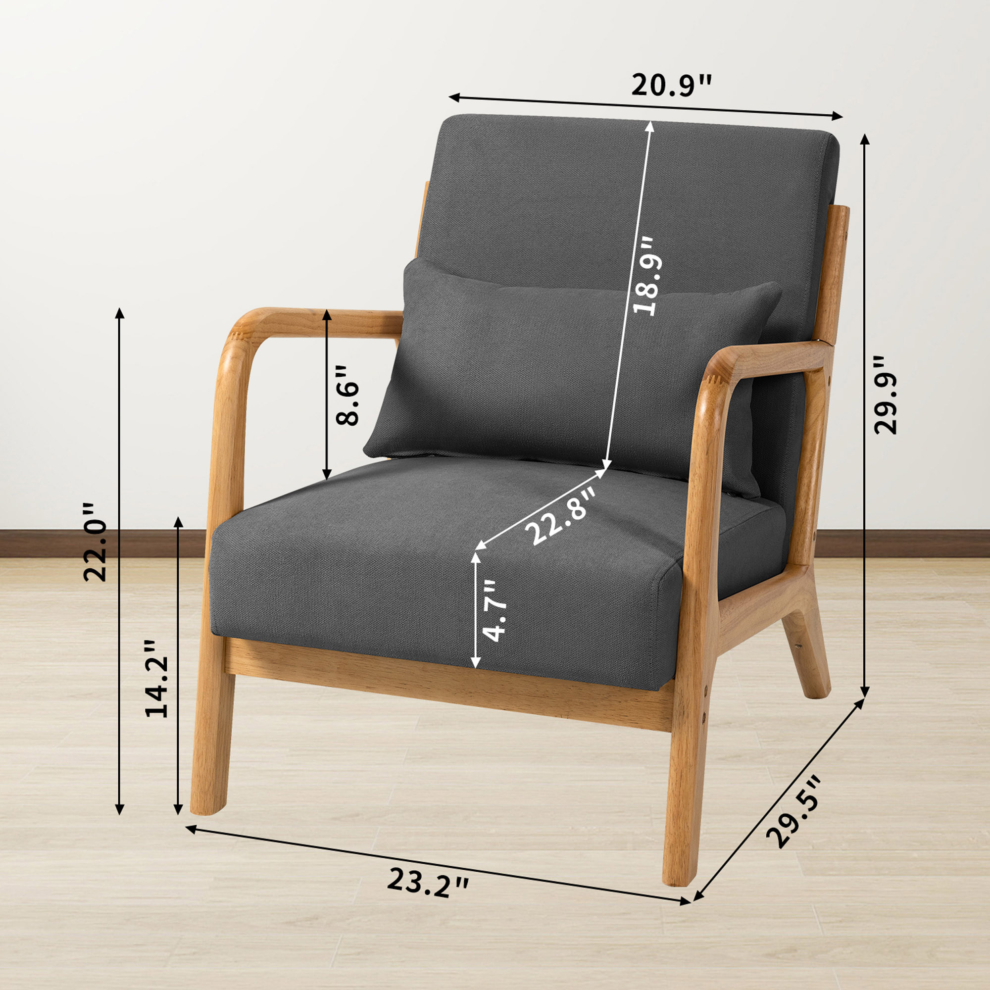 BIGWOO Leisure Sofa with Solid Wood Armrest Modern Chair, Single Seat Dark Gray