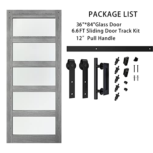 BARNSMITH 42in x 84in Glass Barn Door with 7FT Sliding Door Hardware Kit Included & Handle