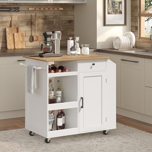 Kitchen Island with Power Outlet, Kitchen Storage Island with Drawer, Rolling Kitchen Cart on Wheels, Spice Rack, Towel Rack, Wine Rack