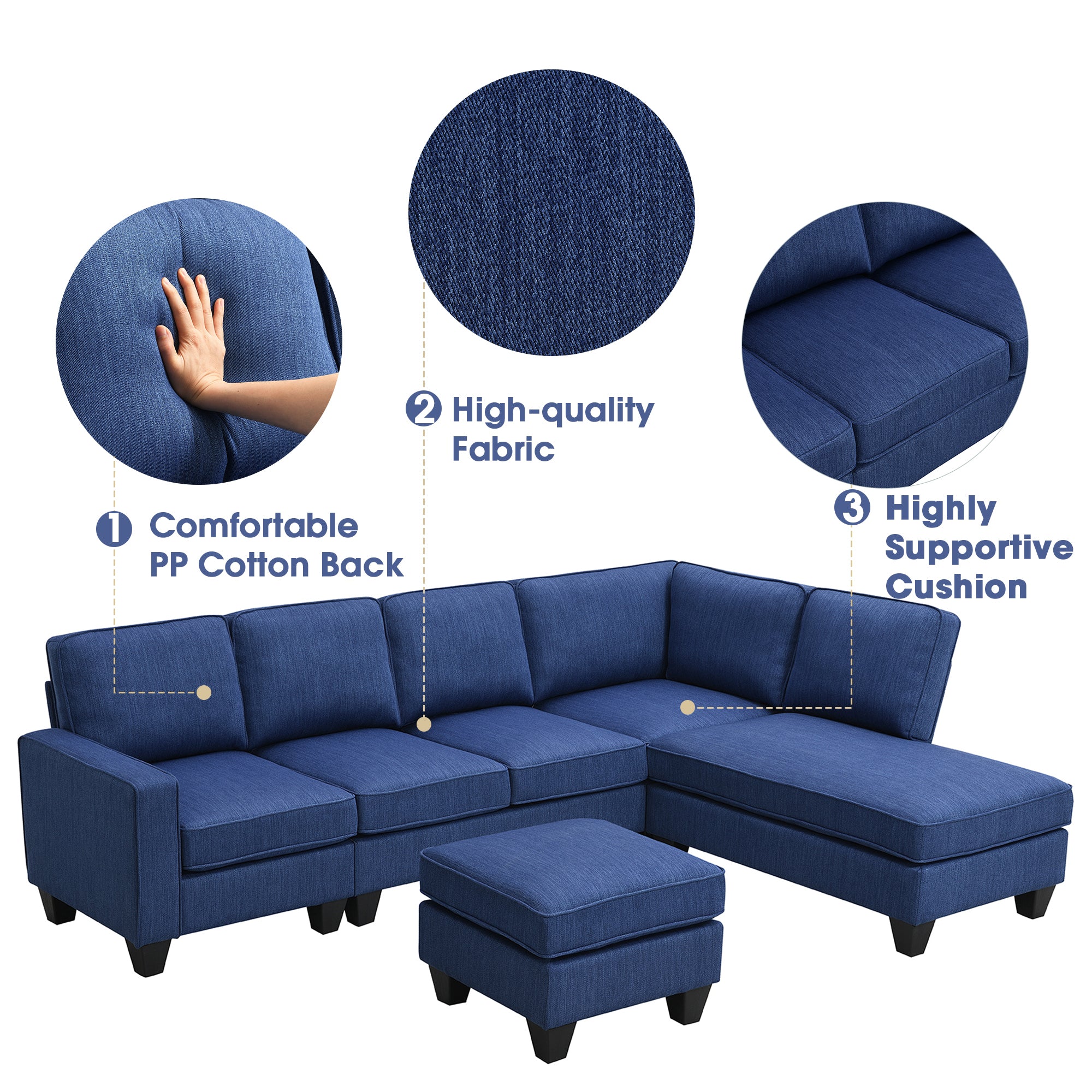 Vortex 7-seat Linen Fabric L-shaped Sectional Sofa - Blue