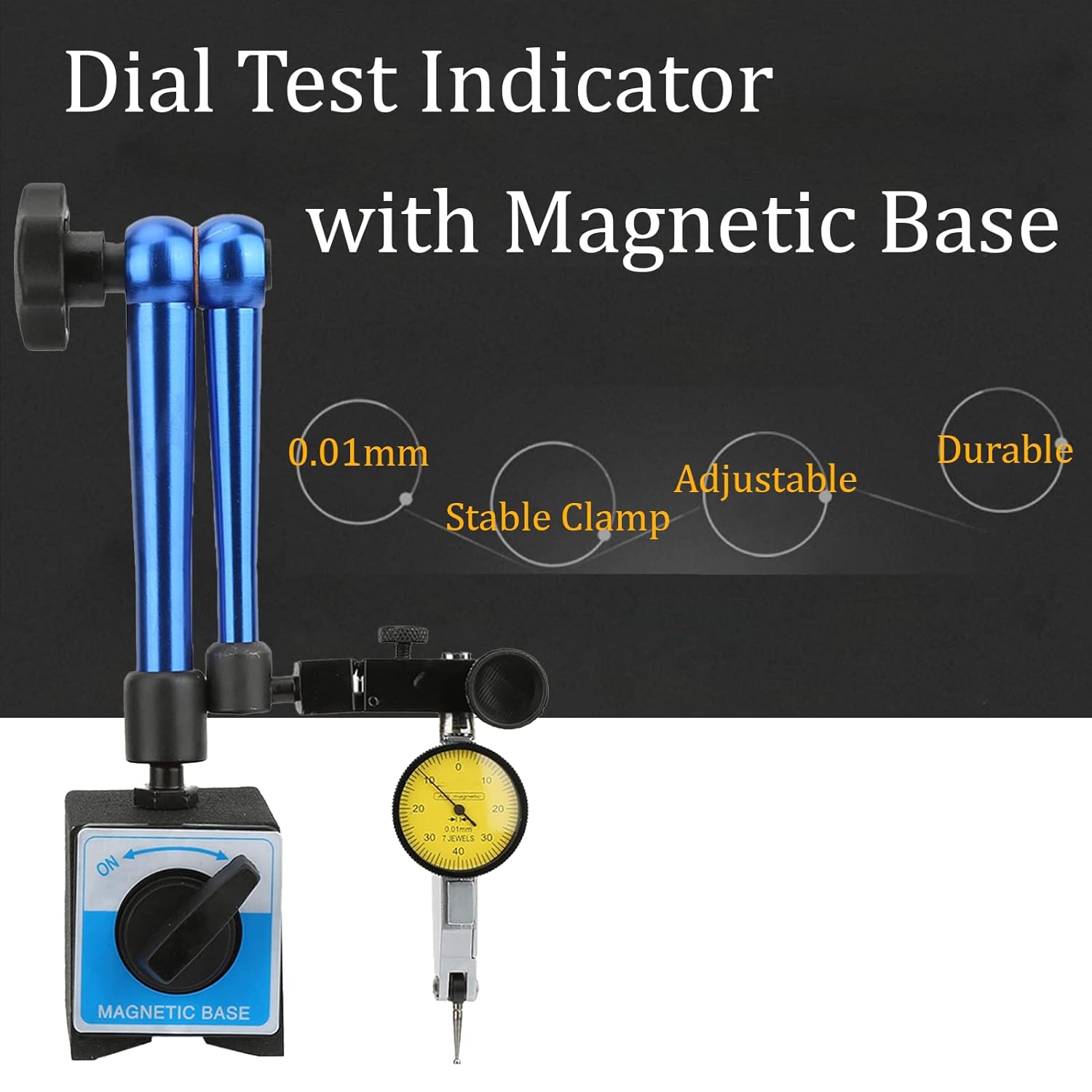 Dial Test Indicator with Magnetic Base, 0.01mm Professional Magnetic Base Dial Indicator