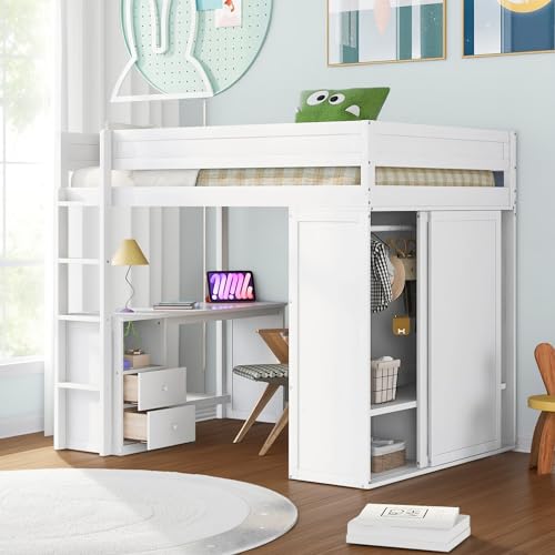 Full Size Loft Bed with L-Shaped Desk, Wardrobe and Storage Shelves, Solid Wood Bedframe w/Safety Guardrails & Ladder for Kids Teens Adults