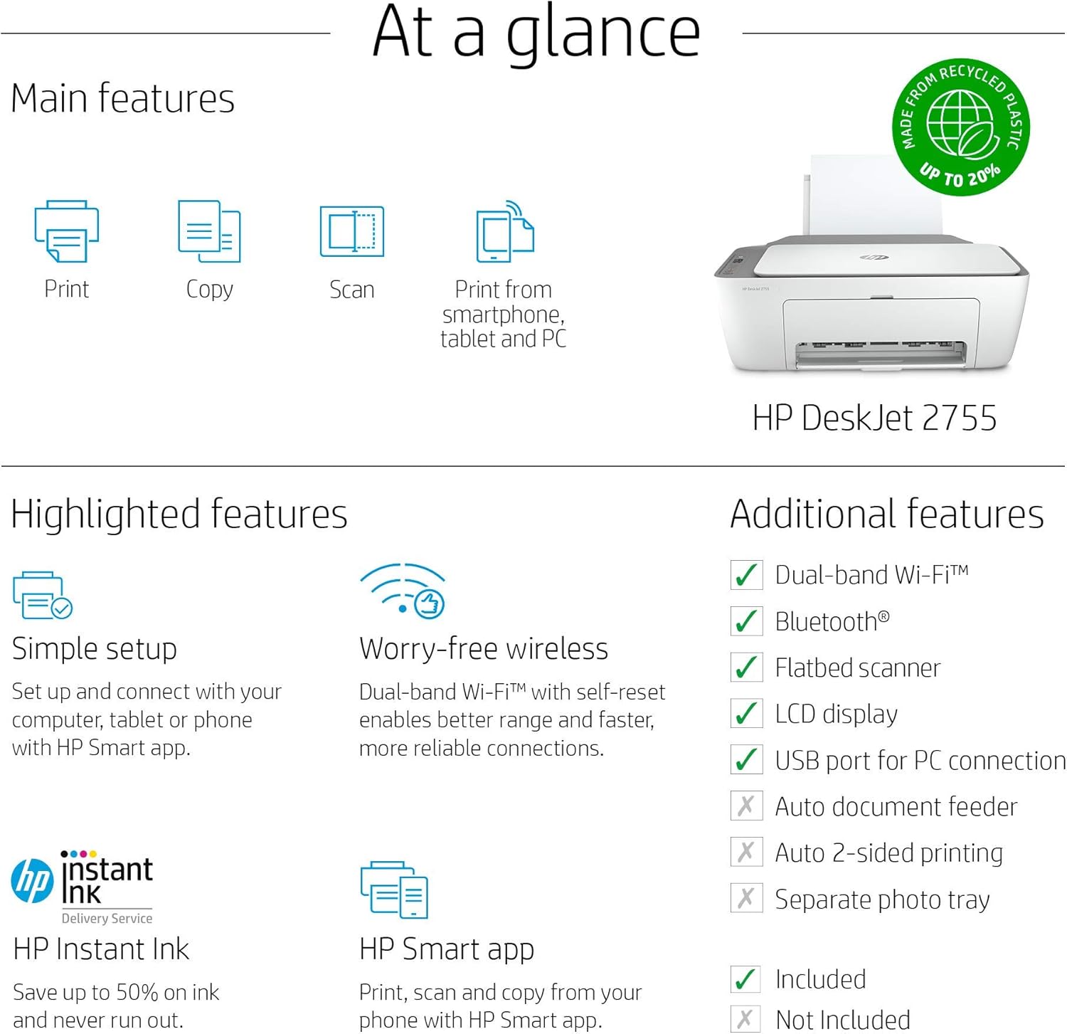 HP DeskJet 2755 Wireless All-in-One Printer | Mobile Print, Scan & Copy | HP Instant Ink Ready (3XV17A) (Renewed) Pack of 2