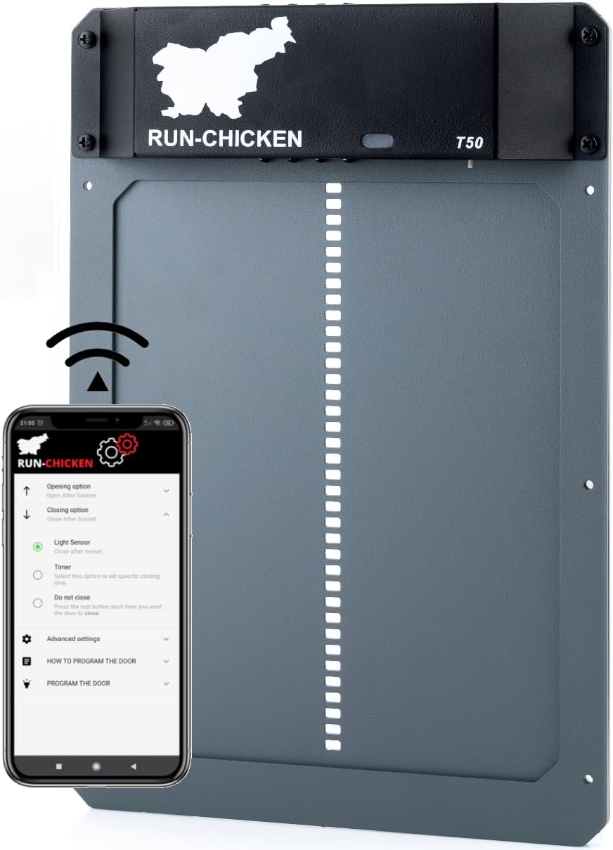 RUN-CHICKEN Door (Gray) Automatic Chicken Coop Door, Programmable with App, Battery Operated, Evening and Morning Delay, Aluminum Door