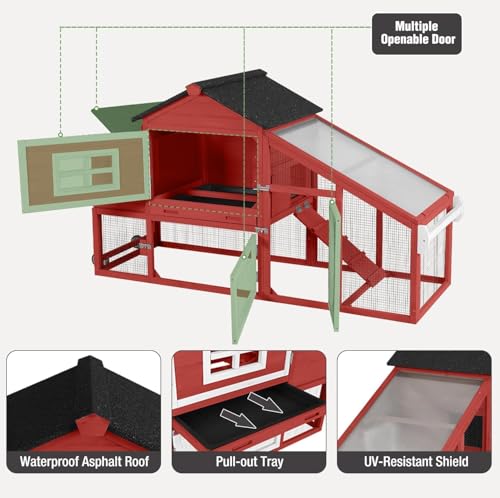 Chicken Coop with Wheels, Mobile Outdoor Chicken House with Leakproof Pull-on Tray, Nesting Box, Waterproof Roof - Red
