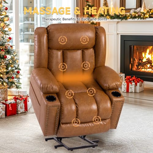 Large Power Lift Chairs Recliners for Elderly with Heated and Massage, Overstuffed Adjustable Lift Chairs, 3 Positions, Breathable Leather