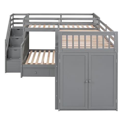 Merax L-Shaped Triple Bunk Bed with Desk & Stairs, Twin & Twin Over Full Bunk Bed for 3, Storage Drawers and Wardrobe Included, for Adults