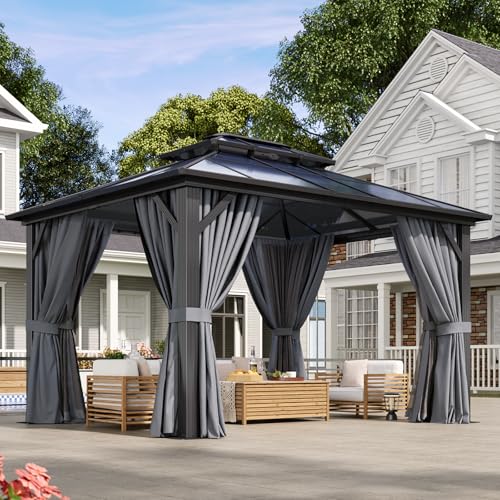 Aoxun 12'x10' Hardtop Gazebo, Aluminum Frame Permanent Pavilion with Curtains and Netting, Outdoor Polycarbonate Double Roof Canopy