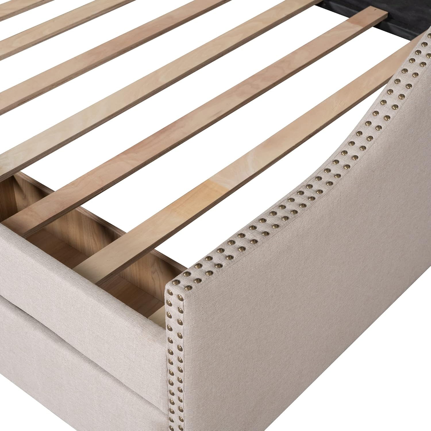 Full Upholstered Daybed Frame with Storage Drawers, Full Size Sofa Bed for Bedroom Living Room Guest Room, Wood Slat Support, Beige