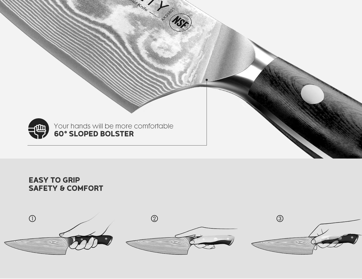 Damascus Knife Set 3 PCS, NSF Food-Safe Japanese Kitchen Knife Set with VG10 Steel Core