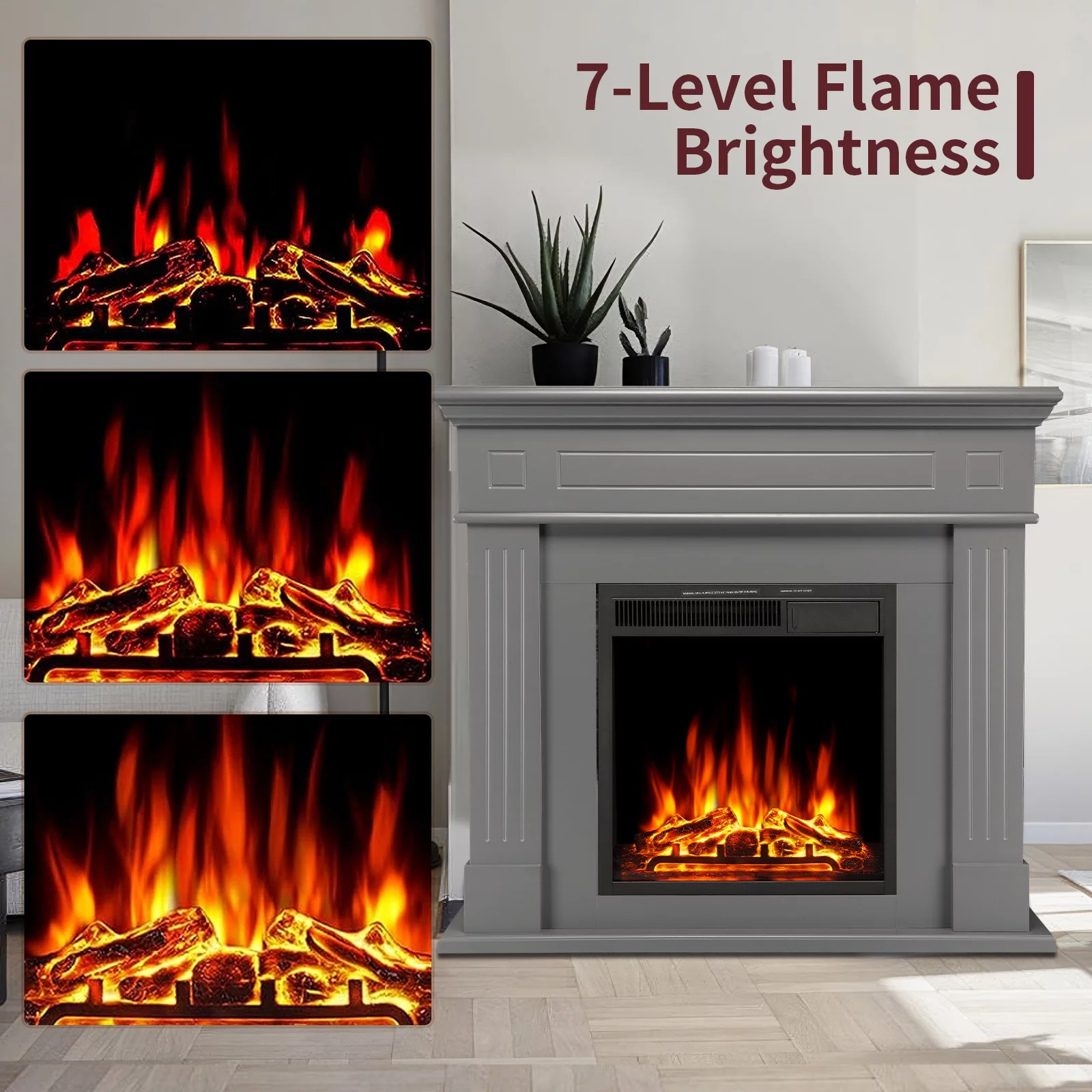 LHRIVER Freestanding Wooden Frame Fireplace with TV Stand, Electric Fireplace Mantel Heater, Various Brightness & Realistic Flames & Remote Control